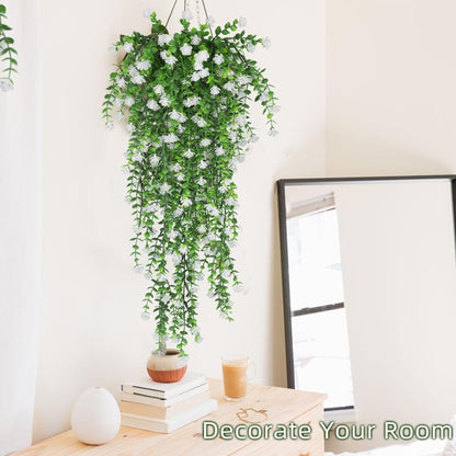 6 PCS UV resistant artificial hanging plants with detachable eucalyptus tea flowers. Perfect for indoor/outdoor walls, gardens, weddings, and home décor.