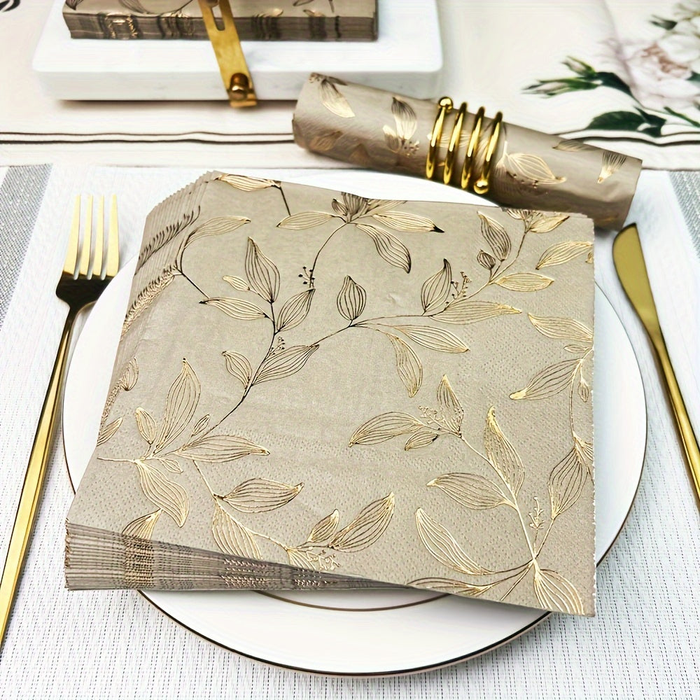 Set of 20 Golden Leaf Pattern Square Paper Placemats - Disposable Table Mats for Easter, Hanukkah, Thanksgiving, Father's & Mother's Day - 33.02x33.02 cm - Machine-Made