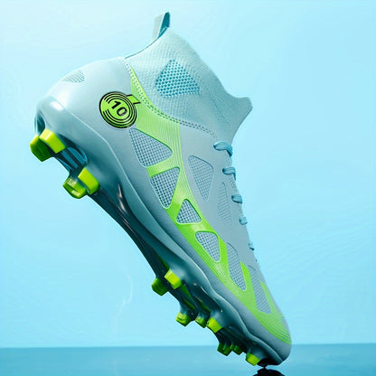 High-top men's soccer cleats with long studs, white & teal design for outdoor training and matches.