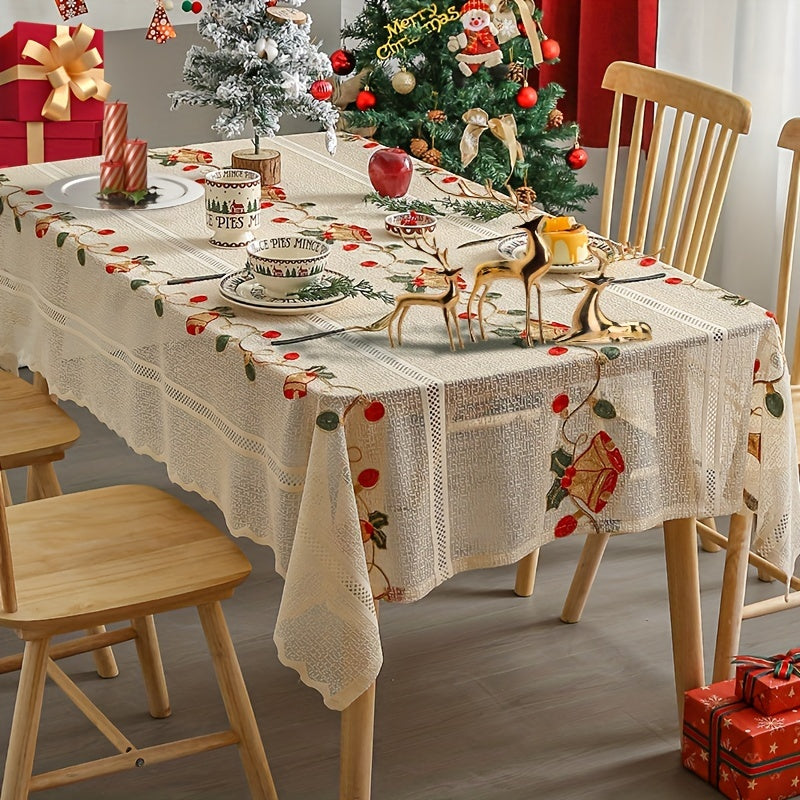 Red bell floral tablecloth, perfect for festive Christmas dining and kitchen decor. Made of square polyester and machine-woven.