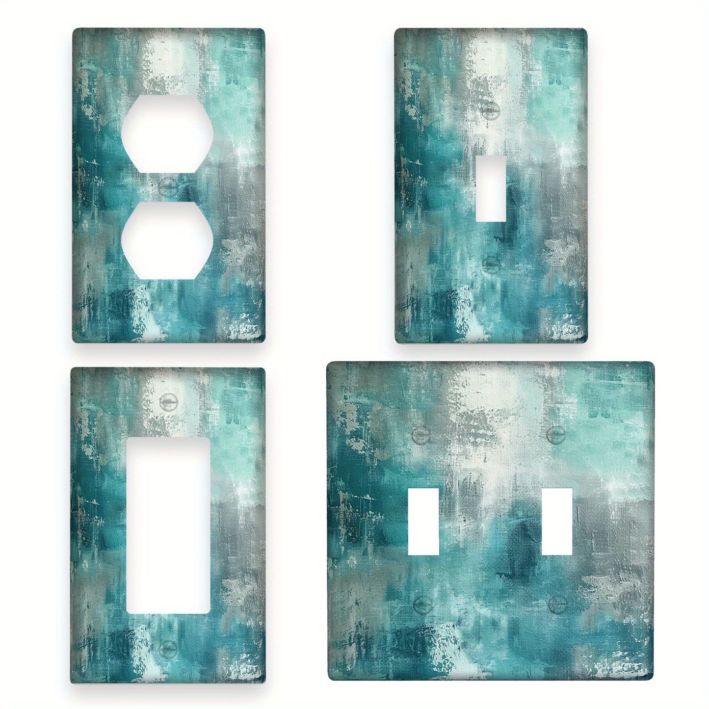 Modern abstract turquoise & grey light switch cover made of unbreakable polycarbonate. Decorative single toggle wallplate for easy installation in bedroom, kitchen, or bathroom with no wiring required.