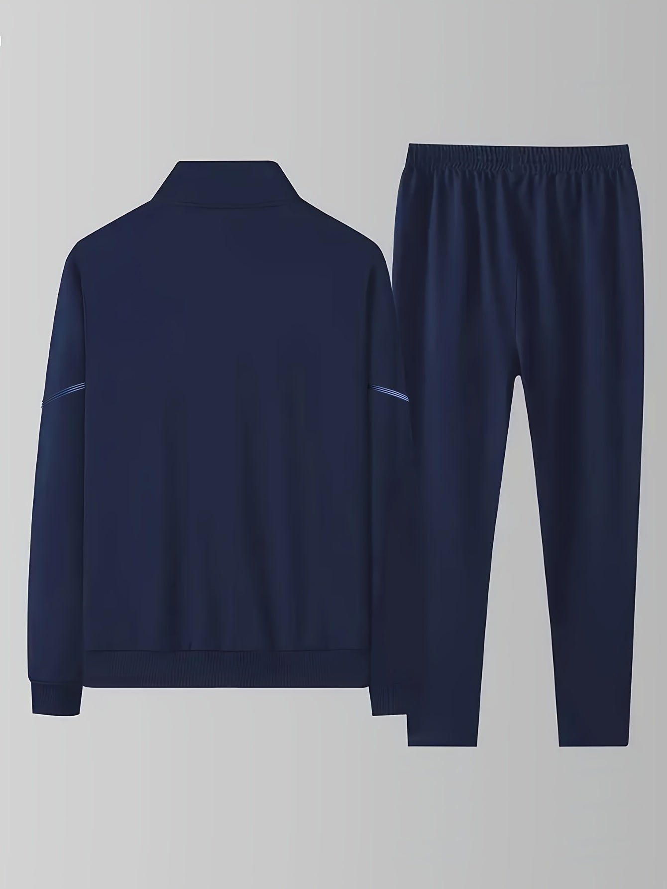 Men's casual sportswear set: Polyester, machine washable, solid color with pockets. Includes spring/fall collared jacket and joggers outfit.