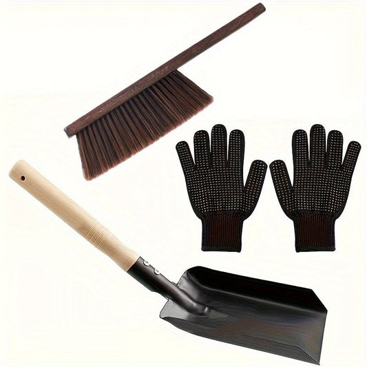 Fireplace Cleaning Kit with Durable Metal Ash Shovel, Brush Set, and Black Nylon Gloves - Essential Tools for Efficient Home Fireplace Maintenance, 5 Pieces in Total