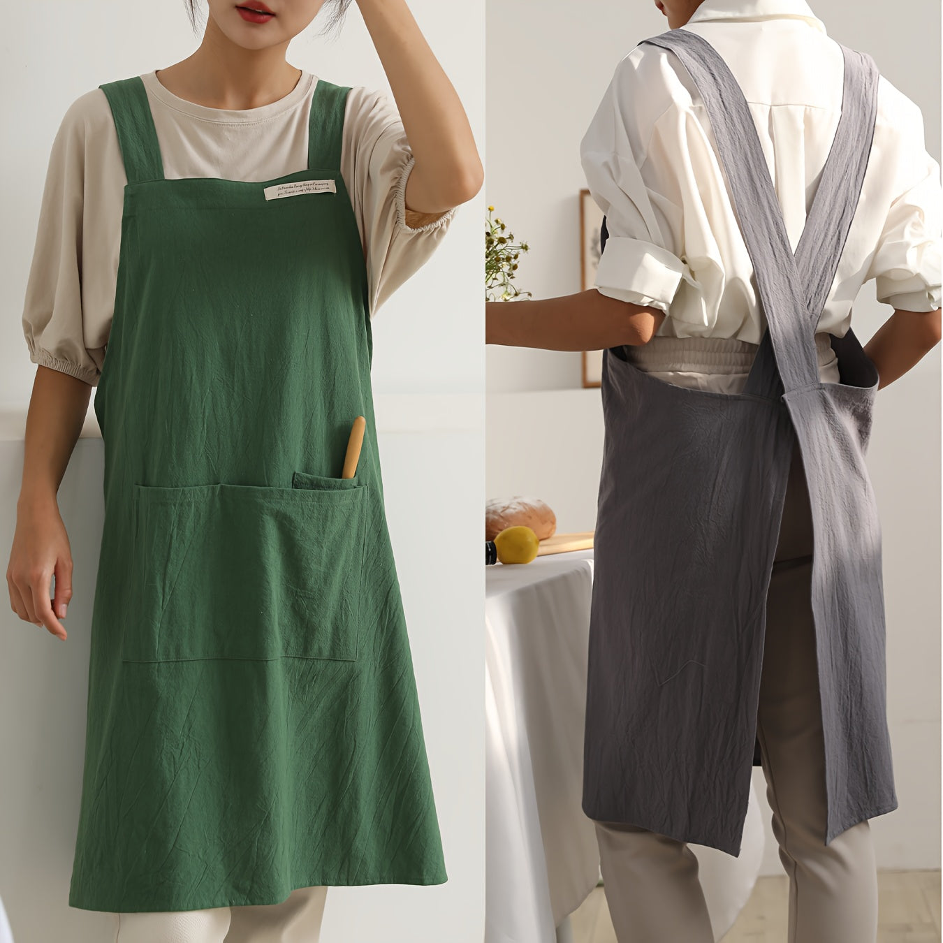 1 linen apron with cross straps and pockets for use in gardening, cooking, baking, painting, barista work, and other tasks.