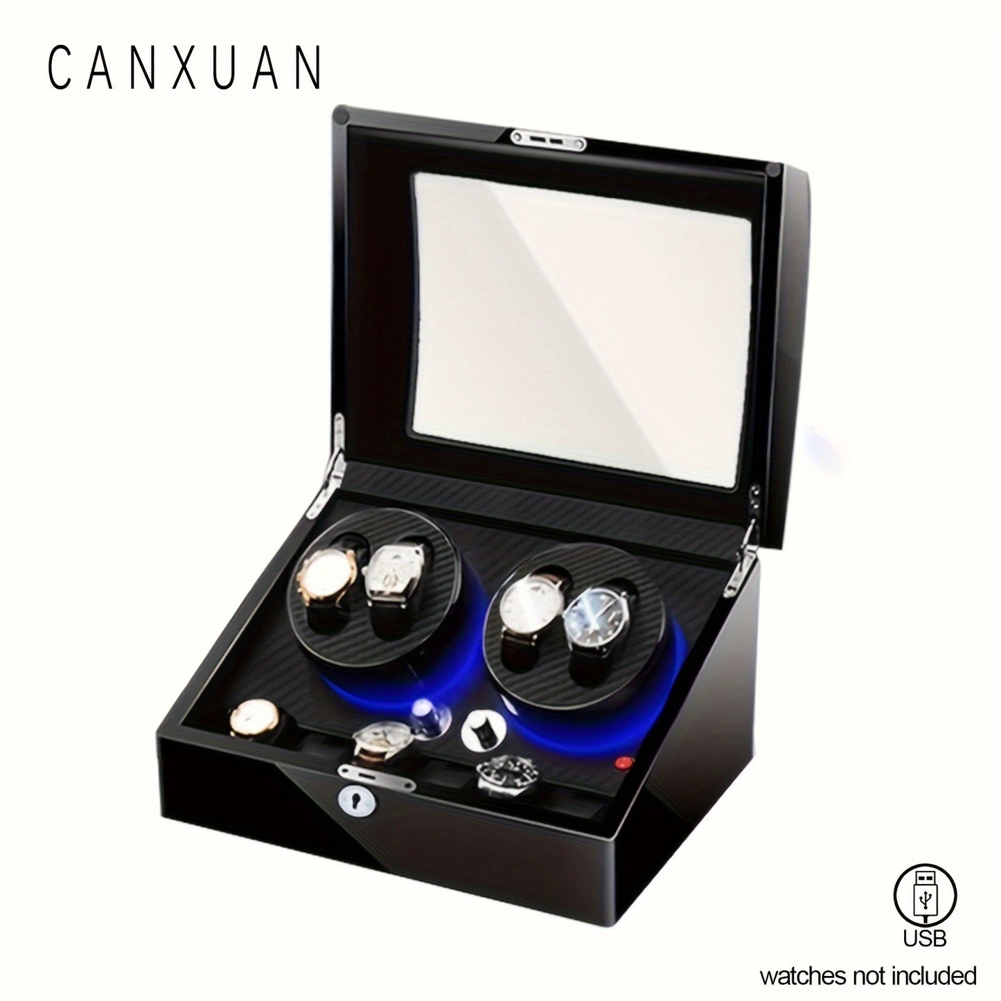 1 pc CANXUAN automatic watch winder box with 4+6 slots, quiet motors, key lock, LED light, soft pillow, faux leather, USB-powered, suitable for men's and women's watches, battery not