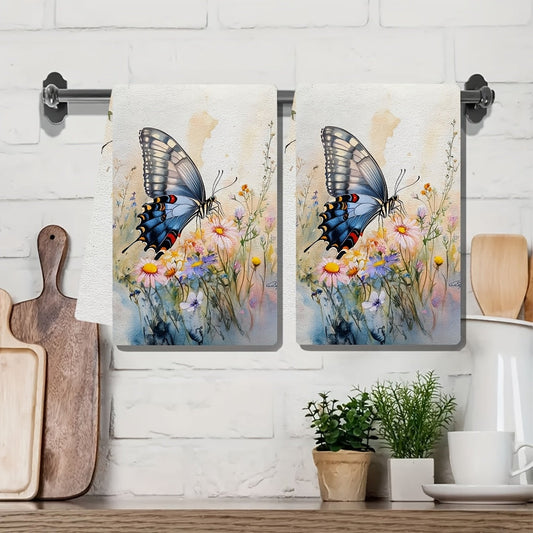 Set of 2 Ultra Soft Kitchen Towels Featuring Vibrant Butterfly & Floral Design, Highly Absorbent for Drying Dishes, Easy to Clean in Washing Machine, Size 40.64x60.96 cm - Ideal for Holiday Decor and as Dish Towels