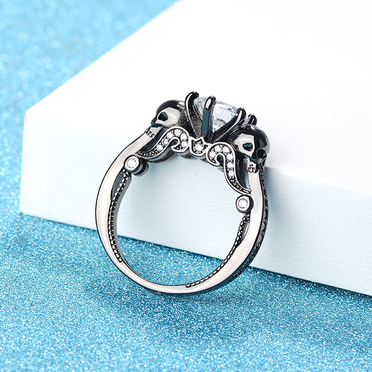 925 Silver Black Gun Plated Ring with Synthetic Moissanite Stone, Skull Design - Perfect for Party and Music Festivals, Great Gift for Halloween and Christmas - Vintage Gothic Style