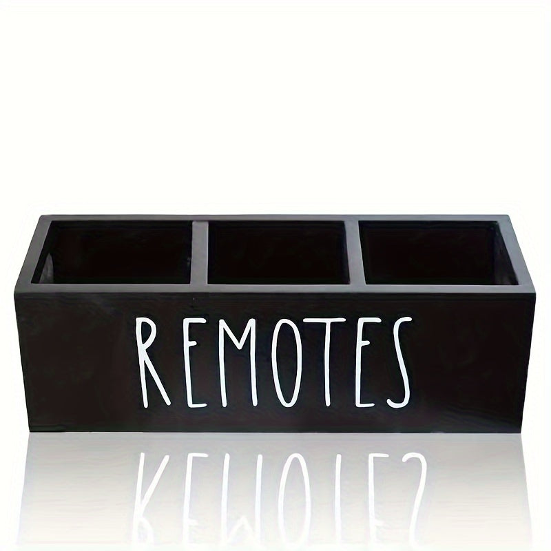 Wooden remote control organizer box for TV remotes, office supplies, and stationery. Multi-compartment design for home or office organization. Can be used as a remote control holder, desk organizer, or drawer organizer.