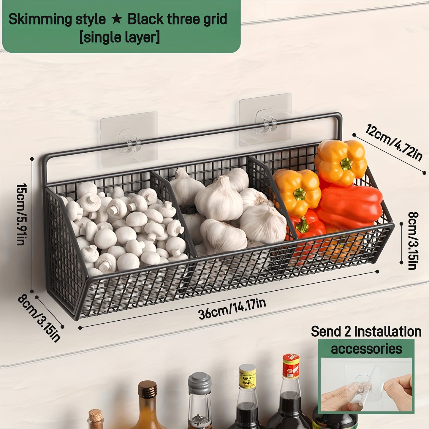 Wire fruit basket mounted on a wall, featuring three grid wire hanging compartments for kitchen or bathroom storage. Also doubles as a storage box, fruit rack, or wall-mounted storage solution for any room in the house.