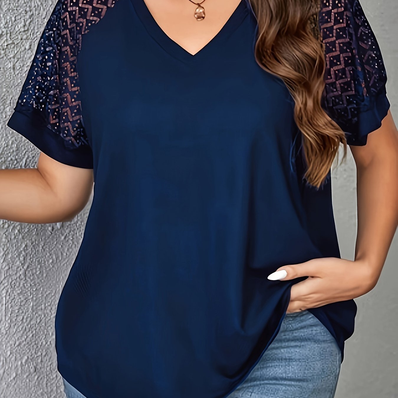 Stylish V-Neck Lace Panel T-Shirt for Women - Solid Color, Polyester Knit, Short Sleeve Casual Top for Spring/Summer