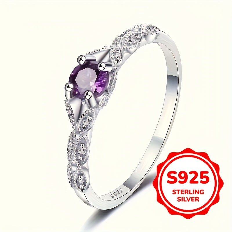 Stylish 925 Sterling Silver Anniversary Ring featuring Synthetic Purple Gemstone – Great for both Formal and Everyday Occasions, Set with Four Prongs and Synthetic Zirconia, Representing February Birthstone, Perfect for Gifting at Special Events and