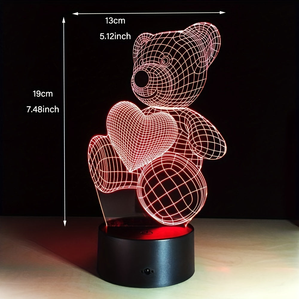 Charming Bear and Heart LED Night Light - Powered by USB, Safe for Eyes, 3D Acrylic Table Lamp for Bedroom Decoration