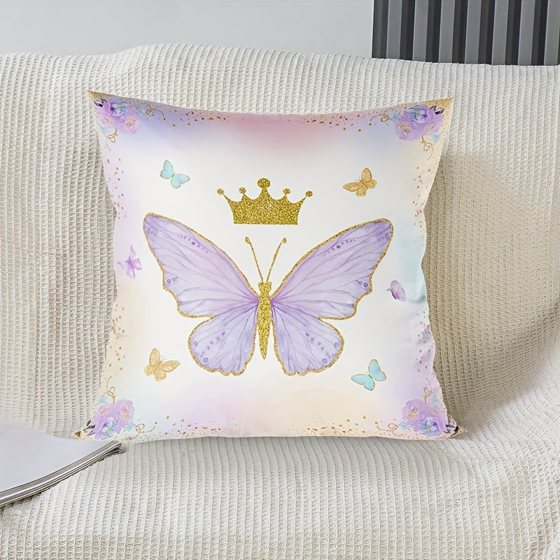 Chic pink and purple butterfly pillow cover made of soft peach skin polyester with zip closure, ideal for living room, bedroom, and party decor.