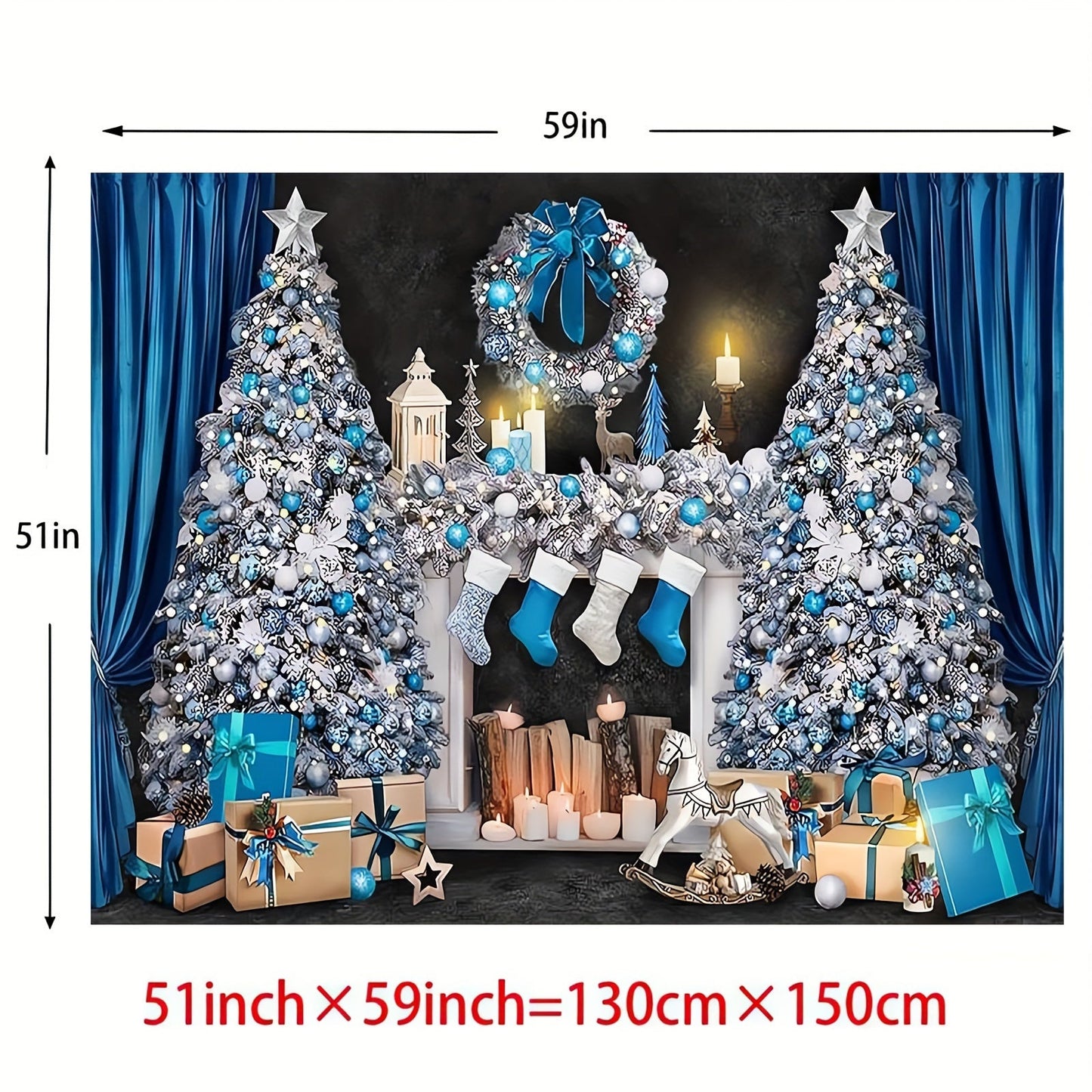 Retro Blue and White Christmas Mantelpiece Scene with Presents and Tree - Ideal for Photo Booths, Events & Decorating Your Home