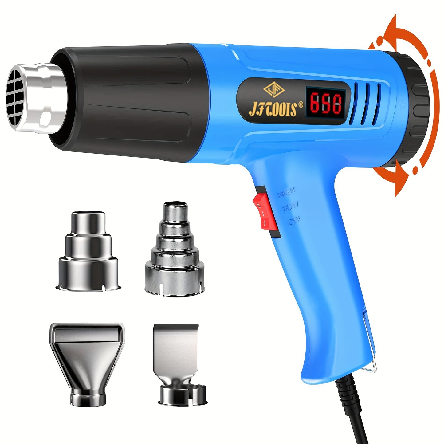 European 220V digital hot air gun with four air nozzles for thawing water pipes, heat shrink applications, and automotive films. Back cover temperature can be adjusted from 50 to 650