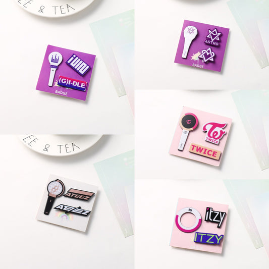 Novelty Kpop Band Magnets featuring ATEEZ, TWICE, (G)I-DLE, and ASTRO. Also, available are Peripheral Lightstick Brooches inspired by Yuqi, MINNIE, Soyeon, NAYEON, and MOMO. Complete your fan collection with these Fashion Clothing Accessories in