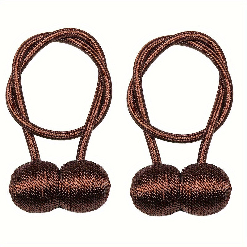 Two pieces of Classic Contemporary Magnetic Curtain Tiebacks made of Polyester Rope Window Drapery Holdbacks with a Decorative Weave Knot.