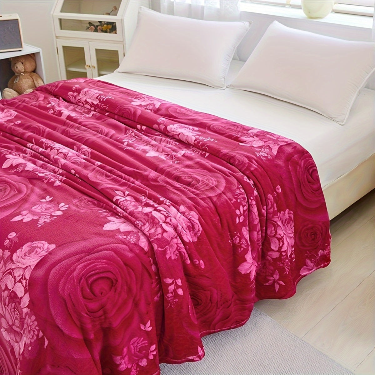 Soft warm knitted floral blanket in contemporary style with vibrant flower design. This all-season multipurpose polyester bed blanket is machine washable, featuring an embellished flower pattern.