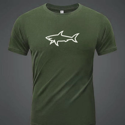 100% Cotton Men's T-Shirt with Shark Graphic, Crew Neck Short Sleeve Tee, Flocking Print, Summer Fabric Top