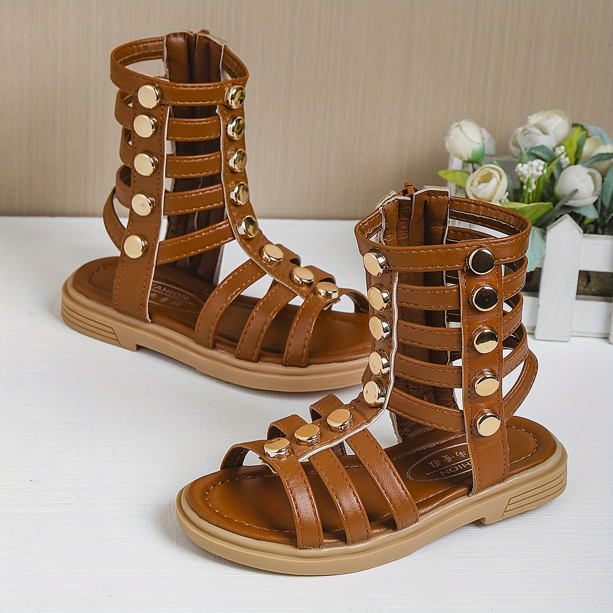 1 Pair of Fashion Rivet Buckle Sandals with Geometric Pattern, Back Zipper, Synthetic Faux Leather Upper and Rubber Sole for Spring/Summer Wear.