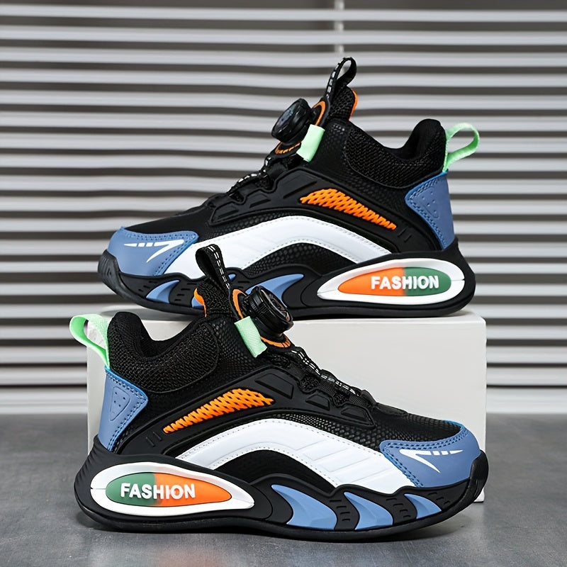 Color block basketball shoes with rotating buckle, breathable non-slip design for indoor/outdoor training.