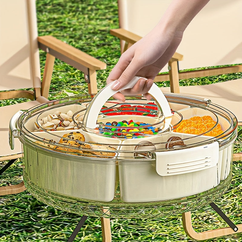 Rotating snack tray with lid for food storage and display, perfect for home, parties, and holidays. Safe for food contact, suitable for various occasions. Ideal for nuts, dried fruit, candy.