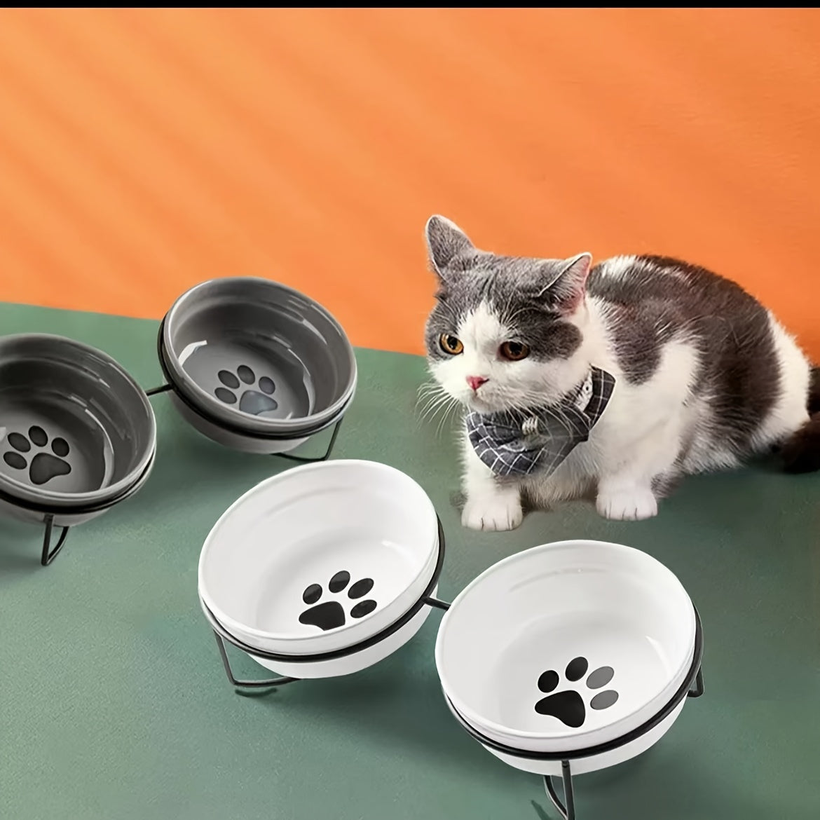 Ceramic cat bowls with iron stand - 12.19cm dual feeding dishes for cats, neck protection design