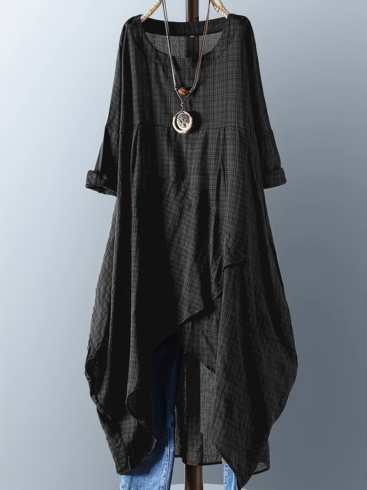 Plus size plaid print dress with round neck and asymmetrical hem for casual spring & summer wear.