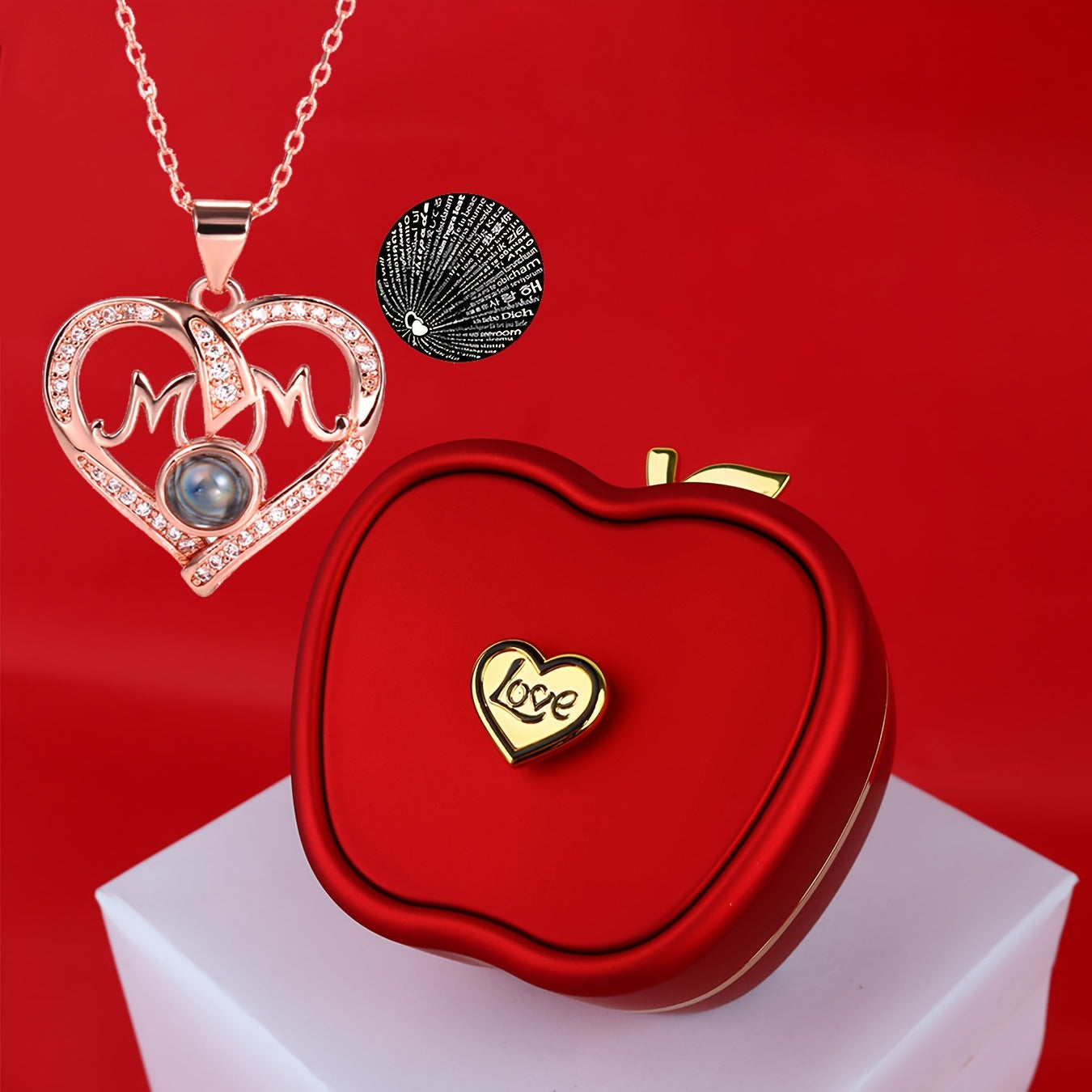 Stylish Red Apple Gift Box featuring a "I Love You" Heart Pendant, Rose Gold Plated Necklace with Synthetic Zirconia - Perfect Jewelry Gift for Mother, Wife, Grandmother. Suitable for Everyday Wear and Special Events - Great Christmas Gift Suggestion.