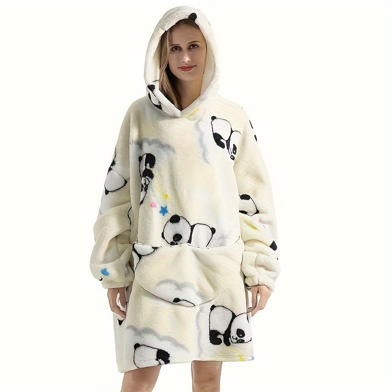 Animal-Themed Cozy Fleece Hooded Wearable Blanket - Reversible, Hand-Wash Only - Ideal for Outdoor Adventures and Home Relaxation