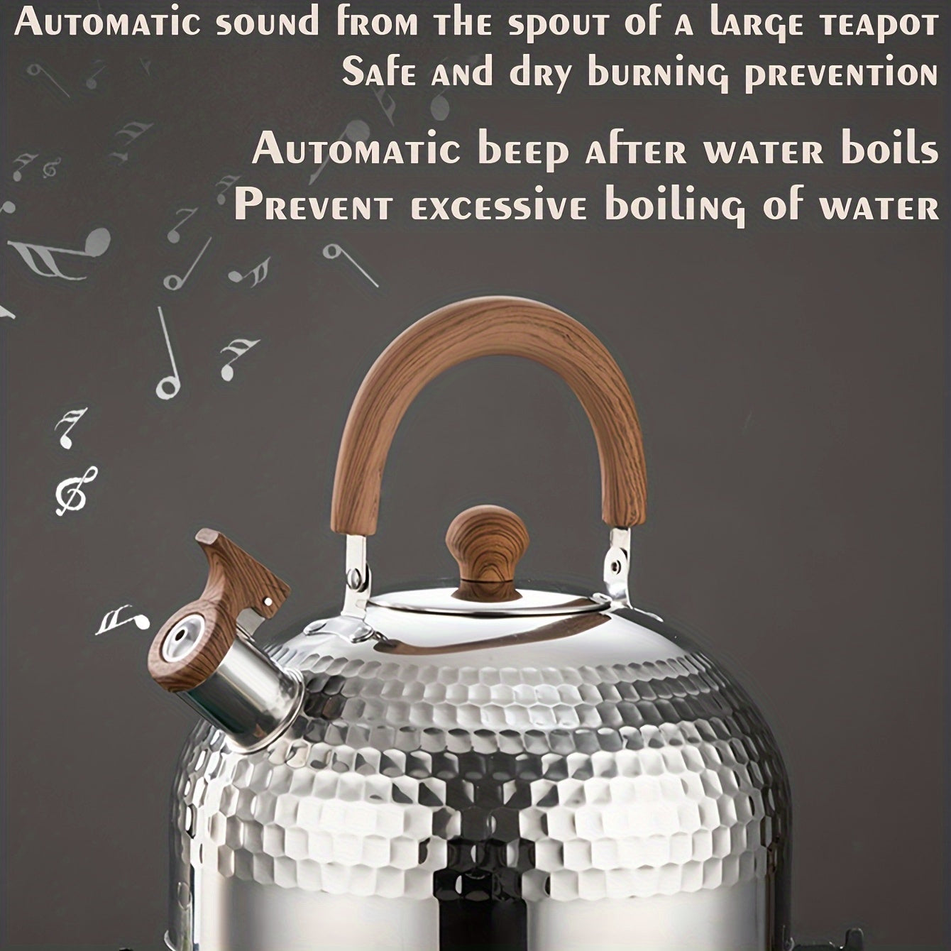 An outdoor-friendly stainless steel kettle with a hammered texture and a whistling spout, ideal for boiling water in the backyard to make tea or coffee.