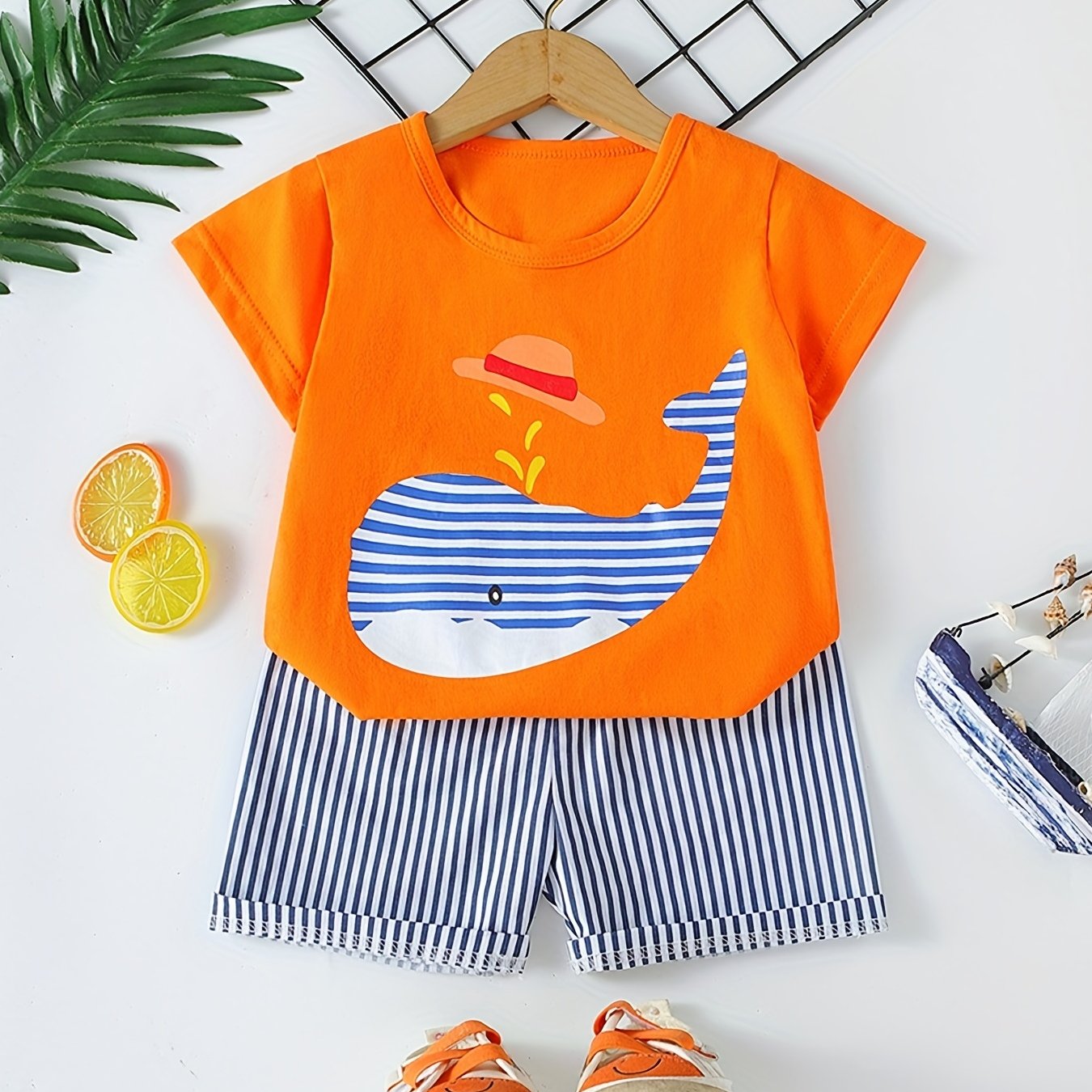 Boys Whale Casual Outfit: T-shirt & Striped Shorts for Summer Wear