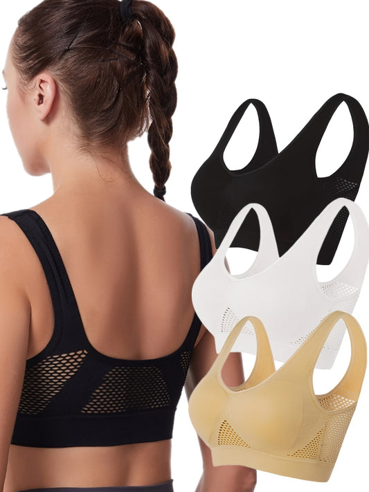 3 solid wireless sports bras for women, ideal for running and workouts, lingerie and underwear.