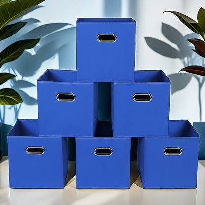 6 pieces of foldable fabric storage bins with handles are available in classic cube designs for organizing your home, bedroom, or office. Choose from black, blue, or cream options.