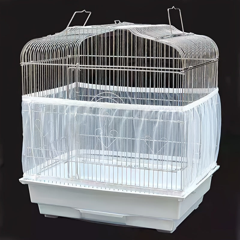 Stretchable bird cage seed catcher prevents mess and scatter in parrot enclosures.