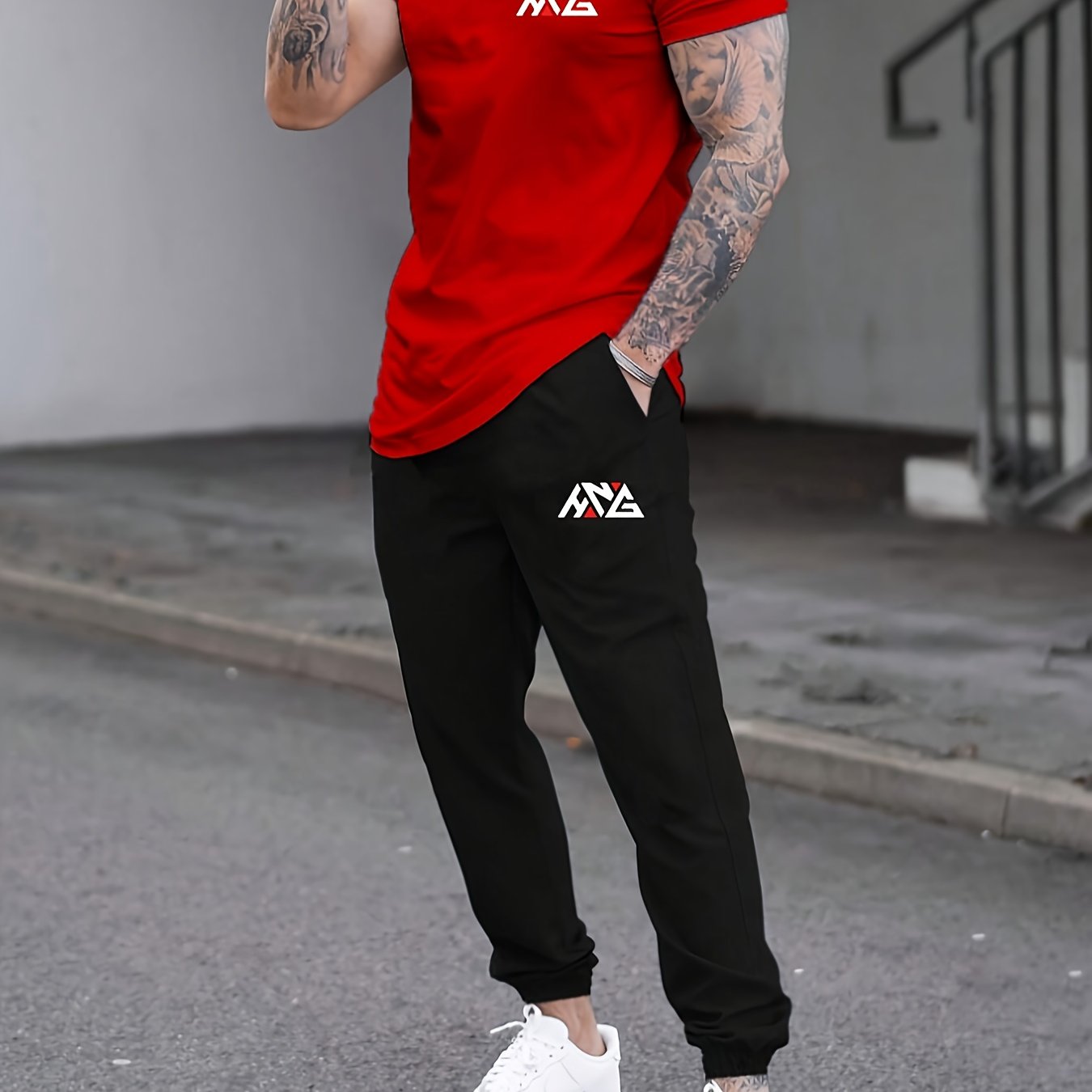 Men's Casual Fashion HNG Letter Print T-Shirt & Drawstring Joggers Set - Polyester Blend, Stretchy, Summer Wear