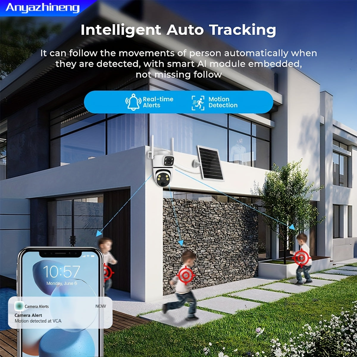 ANYAZHINENG Solar Powered Dual-Lens Security Camera - 1080p HD with PTZ Night Vision, Motion Detection, Two-Way Audio, Wi-Fi Enabled, App Controlled - Ideal for Home and Pet Monitoring (Non-Waterproof)