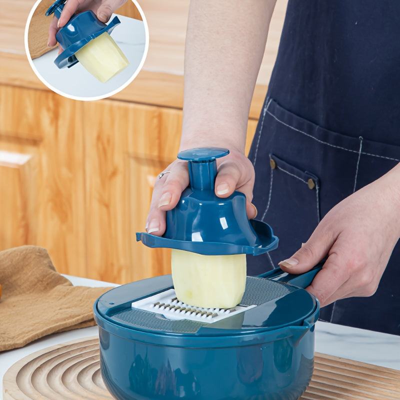 Handheld multifunctional vegetable slicer with safety julienne peeler, potato skinner, and mandoline. Made from ABS material for versatile chopping in the home kitchen.