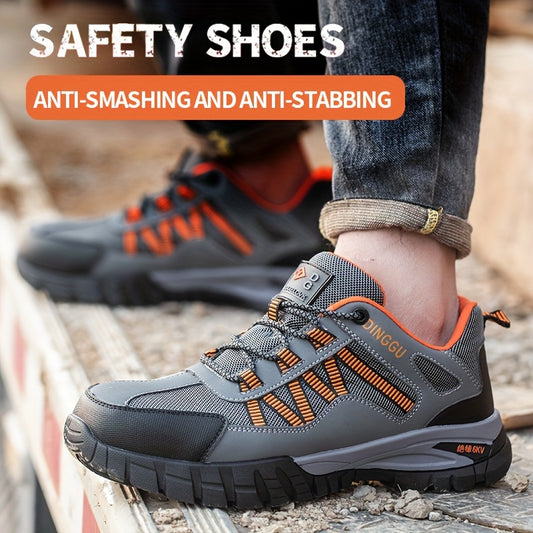 DINGGU Men's Safety Work Shoes: Steel toe, puncture-proof, anti-skid, breathable microfiber upper, comfortable for all-day wear in industrial & construction settings. Gray with orange