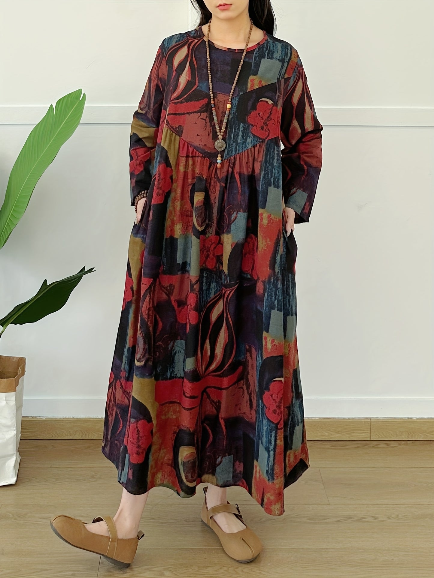 Vintage-inspired linen long sleeve dress with tie-dye print for women, ideal for casual wear throughout the seasons.