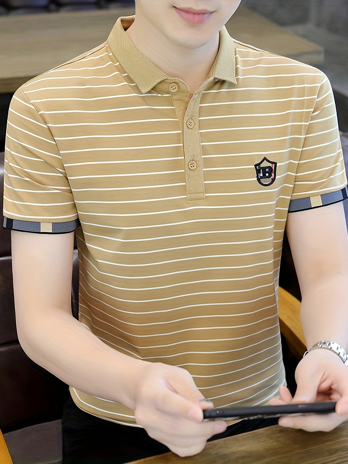 Men's Striped Golf Shirt with B Embroidery and Graphic Print, Casual Lapel Shirt for Summer Outdoor Activities