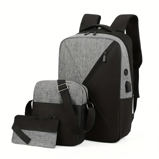 Three-piece laptop backpack set made of waterproof polyester with TSA-compliant zipper closure in grey, black, red, and blue colors. Suitable for business and school use, hand wash only.