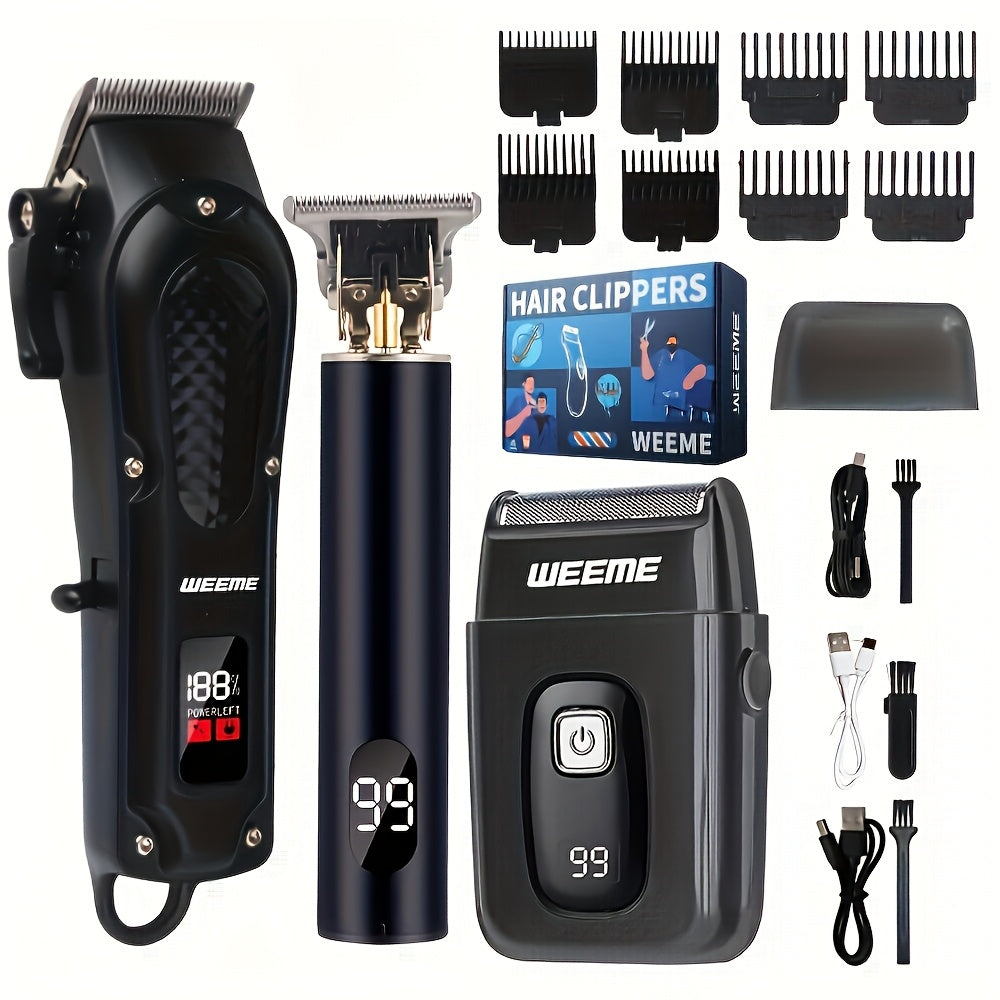 Introducing the WEEME New Technology Black Light Digital Display Three-piece Set - Electric Hair Clipper, T-shaped Trimmer, and Reciprocating Razor. Professional haircut and shaving in one