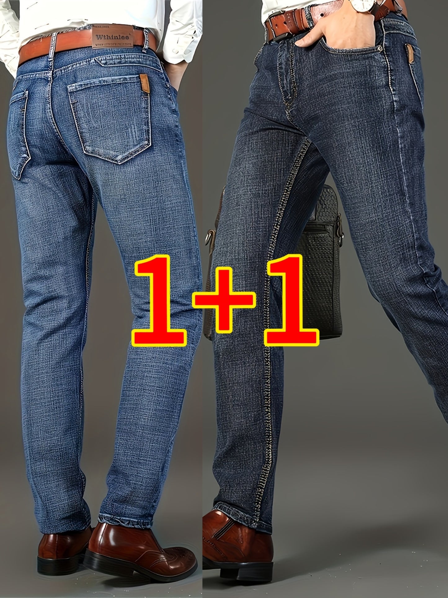 Men's classic semi-formal jeans in stretch denim, suitable for business or casual wear. Machine washable, dark blue color, regular fit with durable fabric.