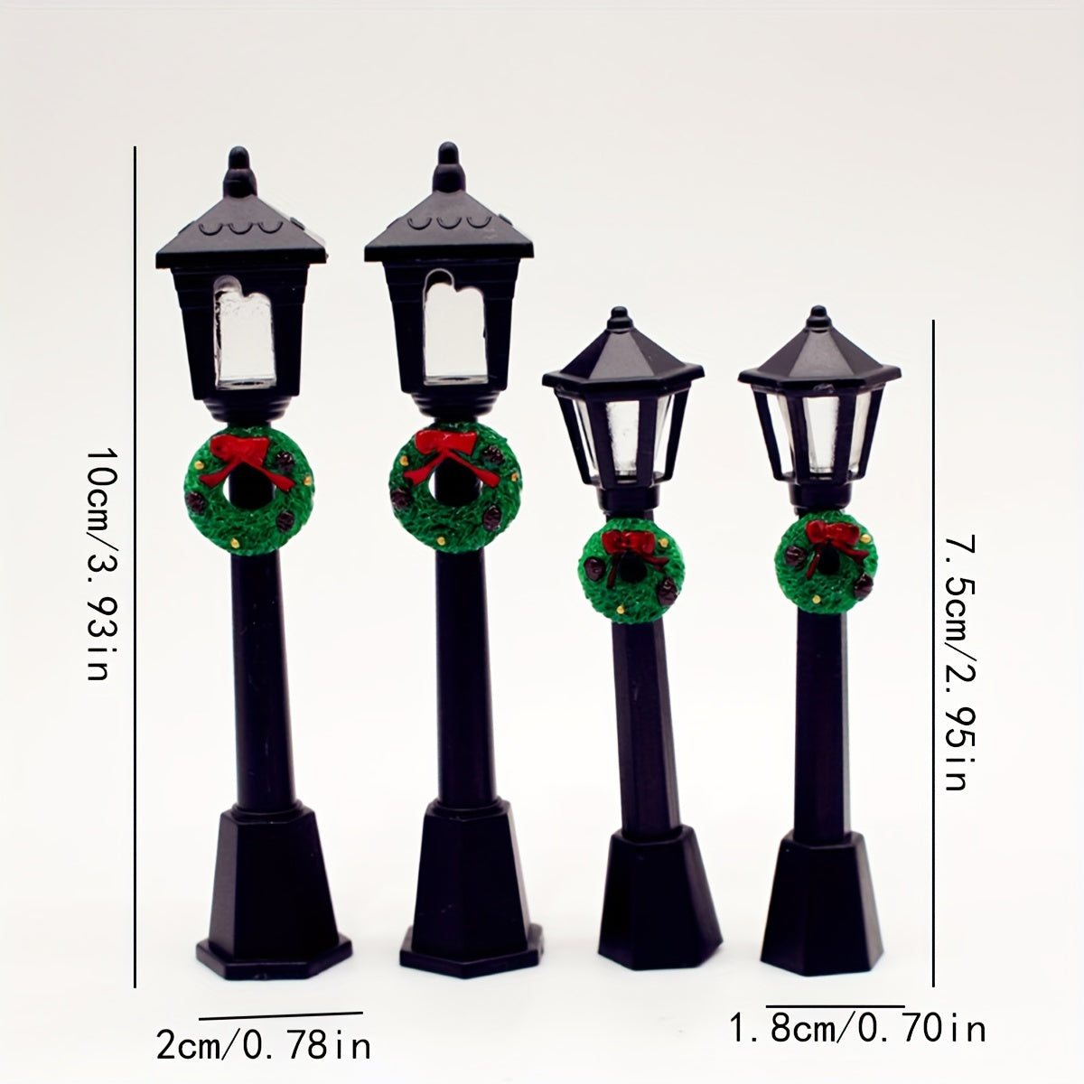 3 Miniature Christmas Lamp Posts with Wreaths, Collectible Seasonal Figurines, Plastic Material, No Electricity Needed