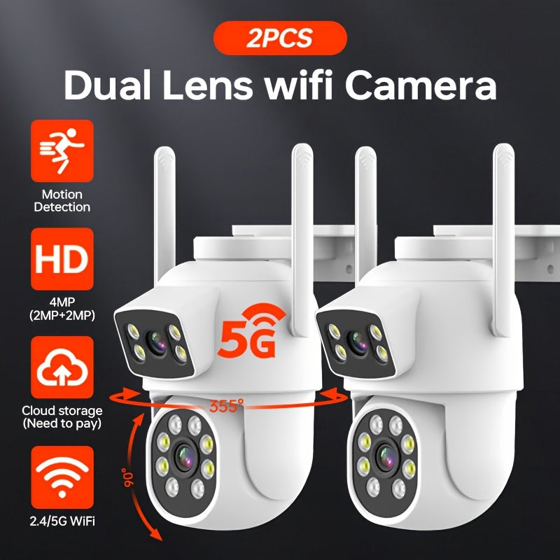 Set of 2 Wireless Security Cameras with 4MP Dual Lens, Home Surveillance System with 5G WiFi, Color Night Vision, 2-Way Audio, AI Motion Detection, App Control, Weatherproof IP65 Rating, USB Powered, Made of Plastic Material