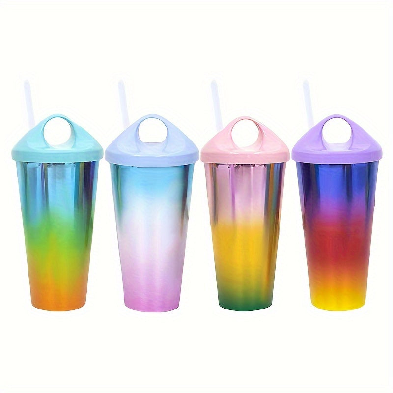 Gradient plastik tumbler qalamcha bilan - sirpanmaydigan, sindirilmaydigan sport shishasi fitnes, sharbat, qahva uchun - maktab, ofis, partiyalar uchun ideal