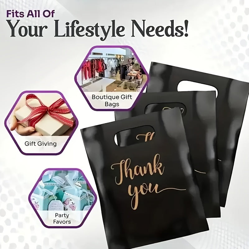 100-Pack Premium Black PE Thank You Bags with Die Cut Handles. Water-resistant and reusable. Ideal for boutiques, parties, and holiday gifts.