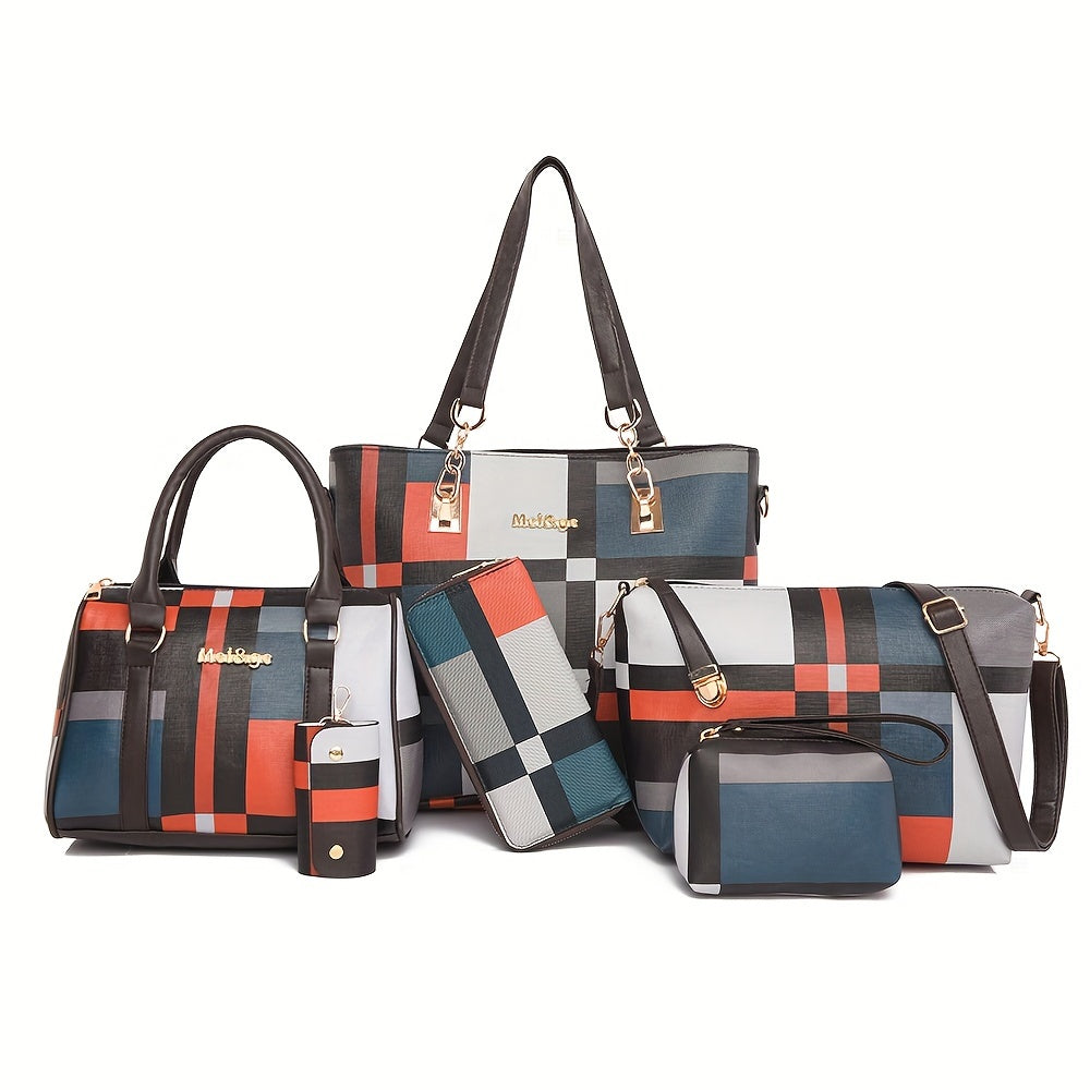 Checkered 6-piece fashion handbag set includes faux leather tote, crossbody, and shoulder bags with a simple versatile design for women.