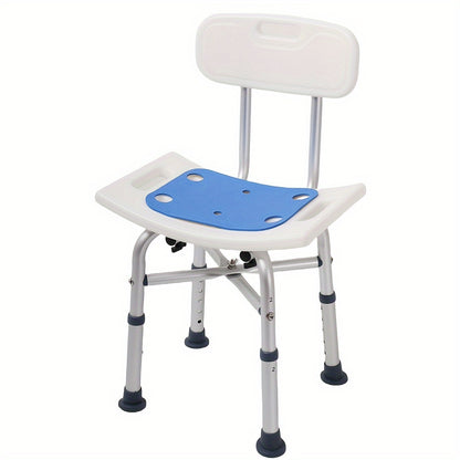 Adjustable shower stool with backrest for seniors and disabled adults, supports up to 199.58 KG, with non-slip legs.